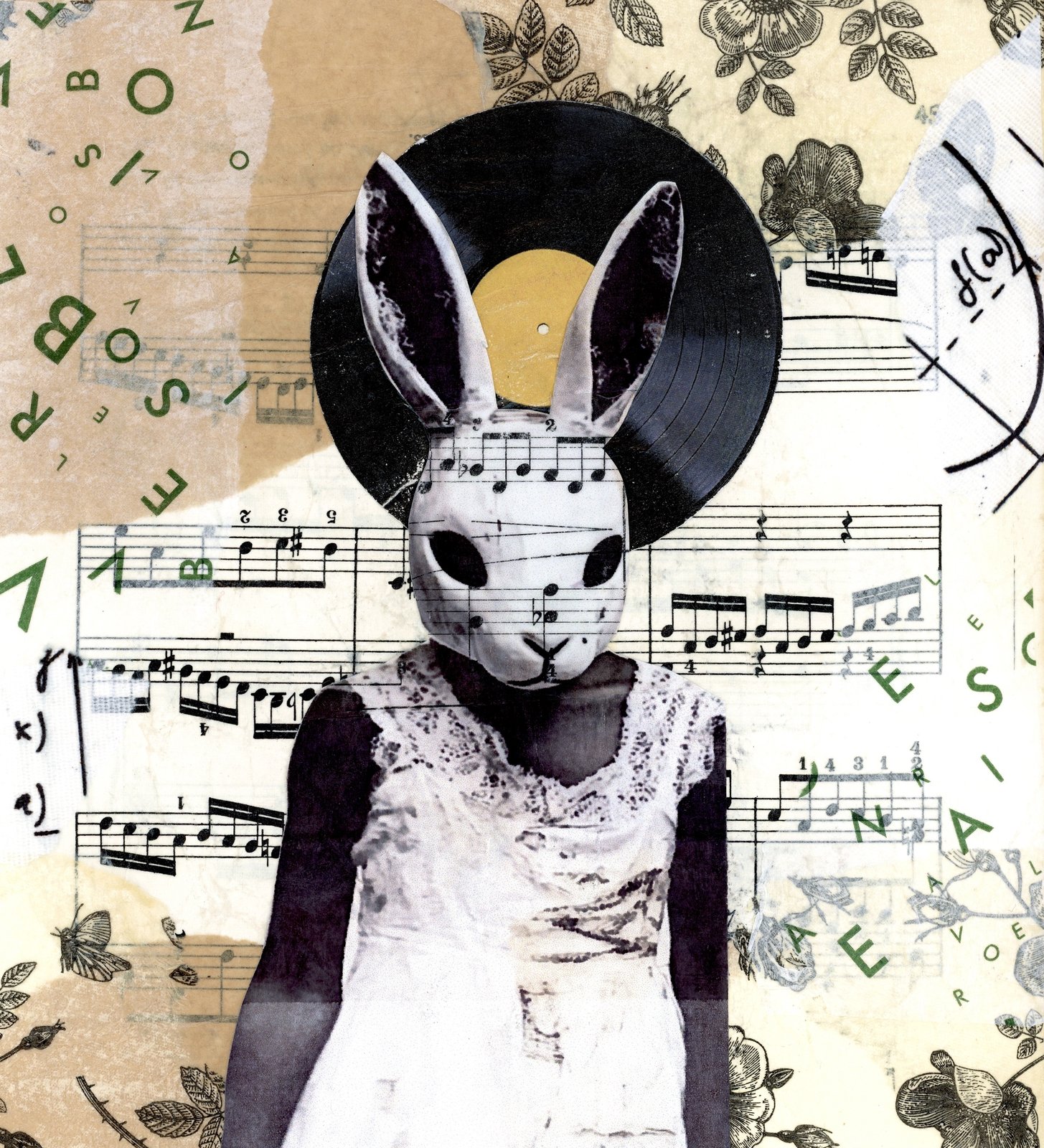 Collage by Narges Valibeigi: figure in a rabbit mask against sheet music and a vinyl record